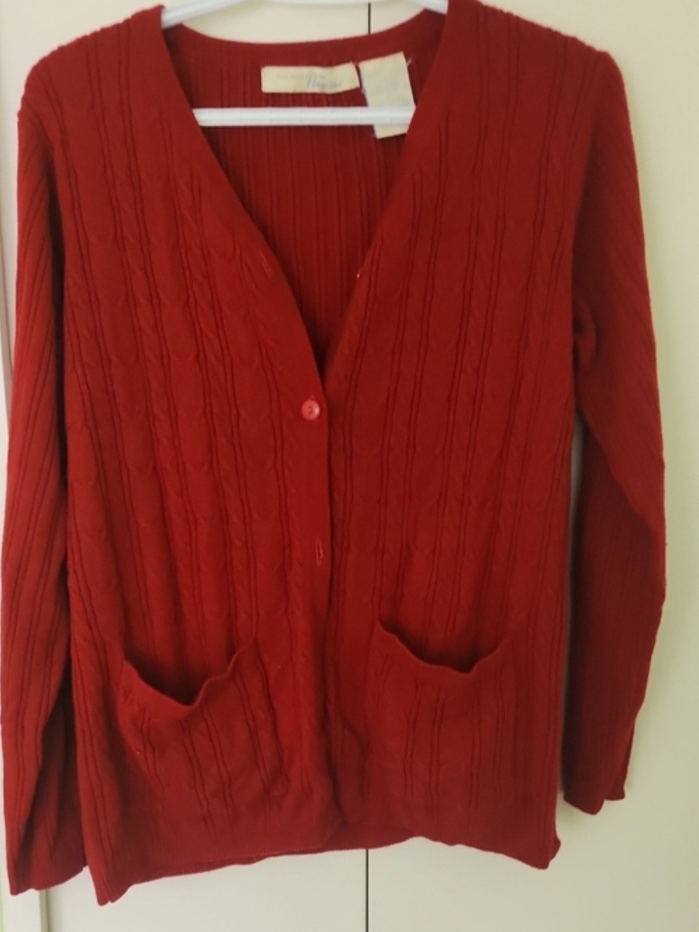 Cable-Knit V-Neck Cardigan in Deep Red - Penmans